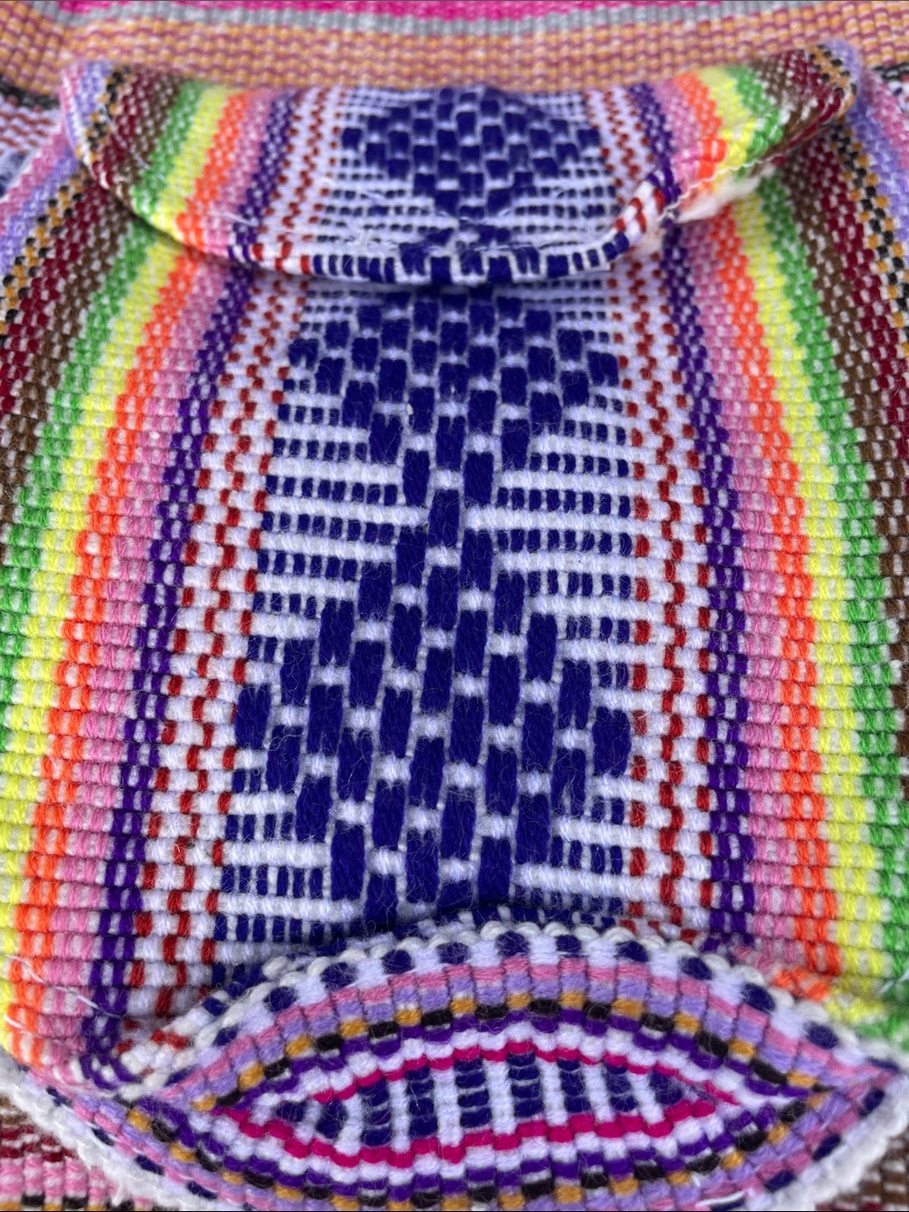 Handwoven Multicolor Women’s Daybag with zippered front pocket, drawstring.